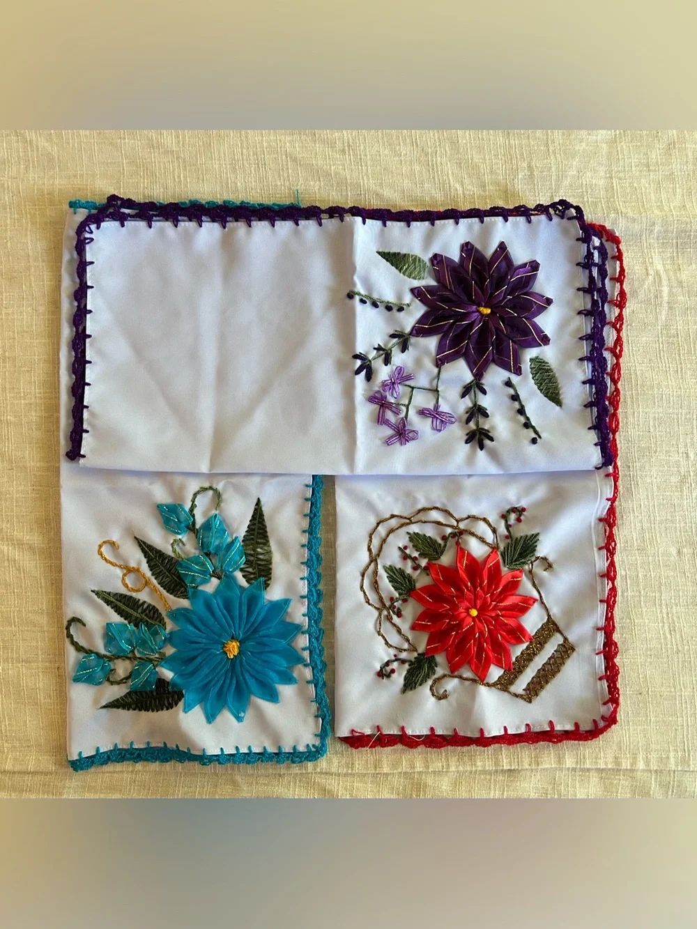 Mexican Artisanal Hand- Ribbon Tortilla Napkins Embroidered - Set of 3